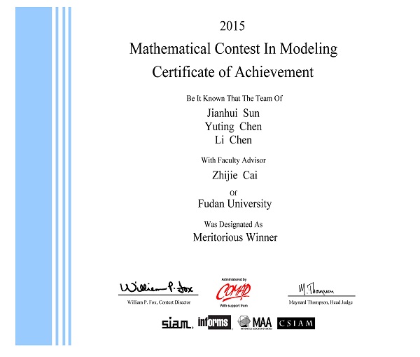 Meritorious Winner in Mathematical Contest in Modeling 2015